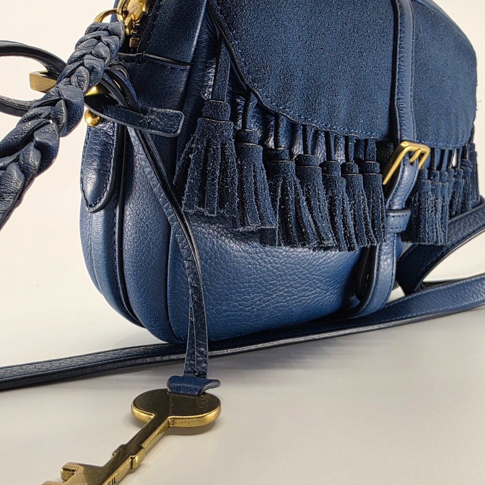 🗝️ Fossil Kendall Blue Suede Flap Fringe Crossbody ✨ Boho Western Bag 🗝️ - Picture 4 of 10